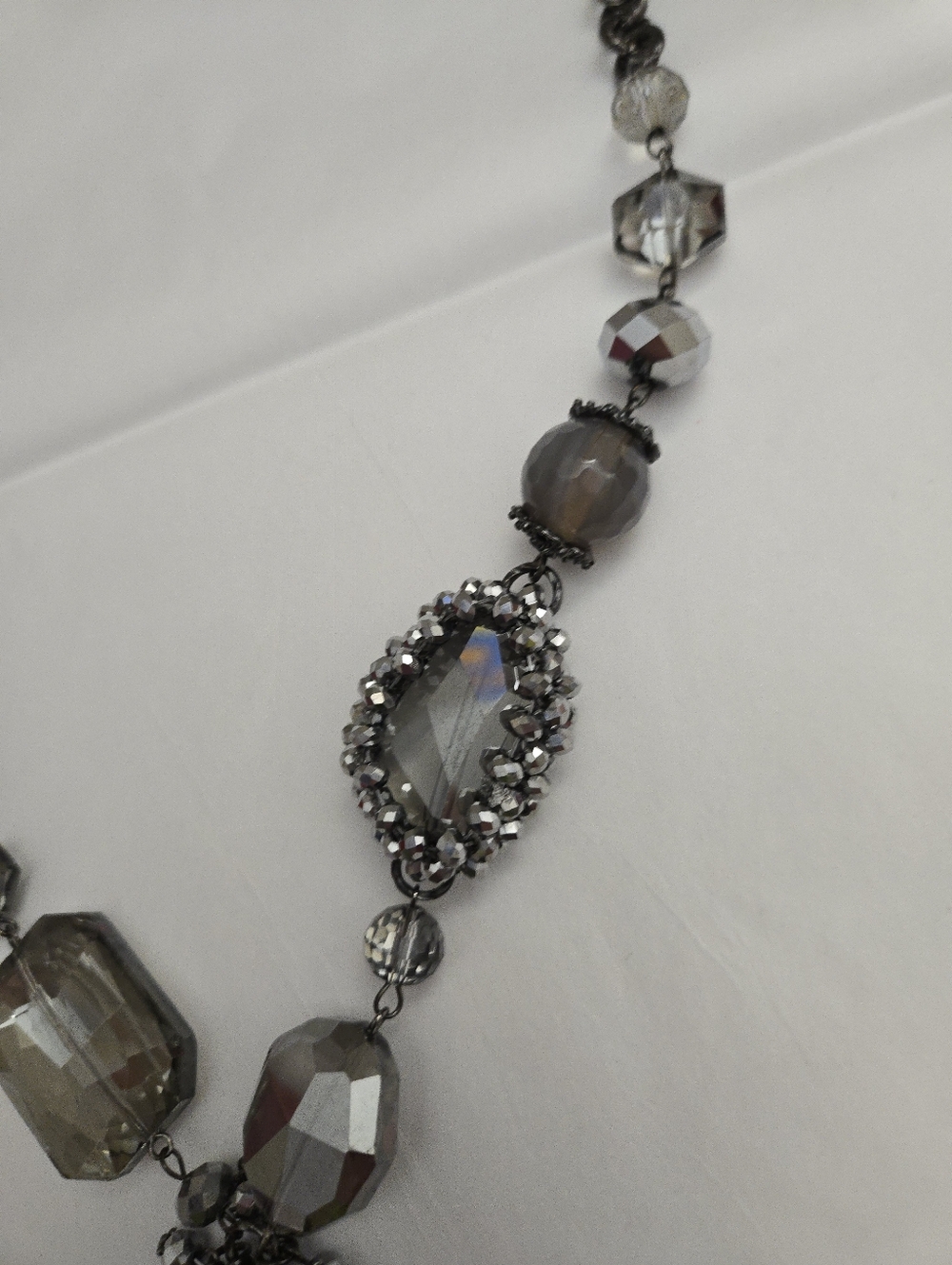 Silver Gem Sparkly Mixed Texture Long Gunmetal Silver Tone Long Necklace - Picture 6 of 11
